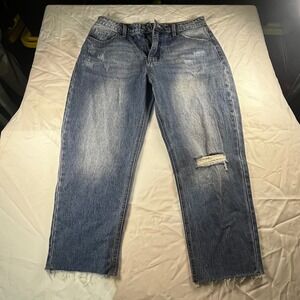 Ceros Distressed Straight Leg Jeans Womens 32 Medium Wash Raw Hem Ripped Denim